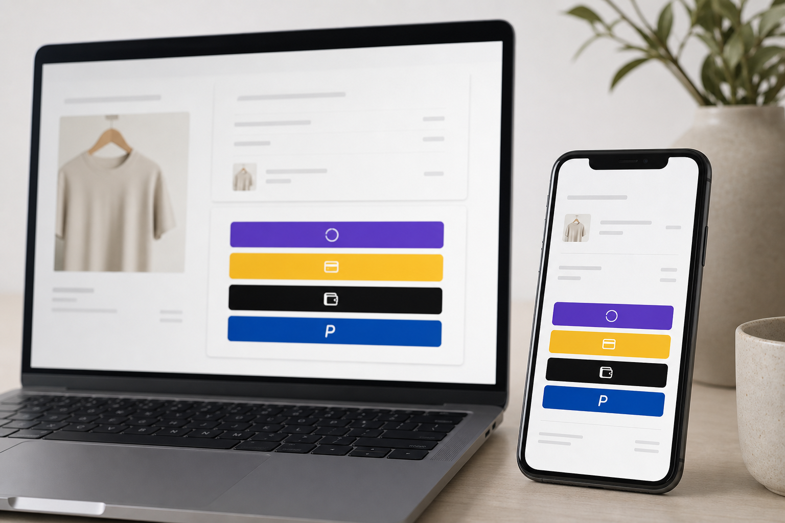 Smartphone and laptop showing express checkout buttons