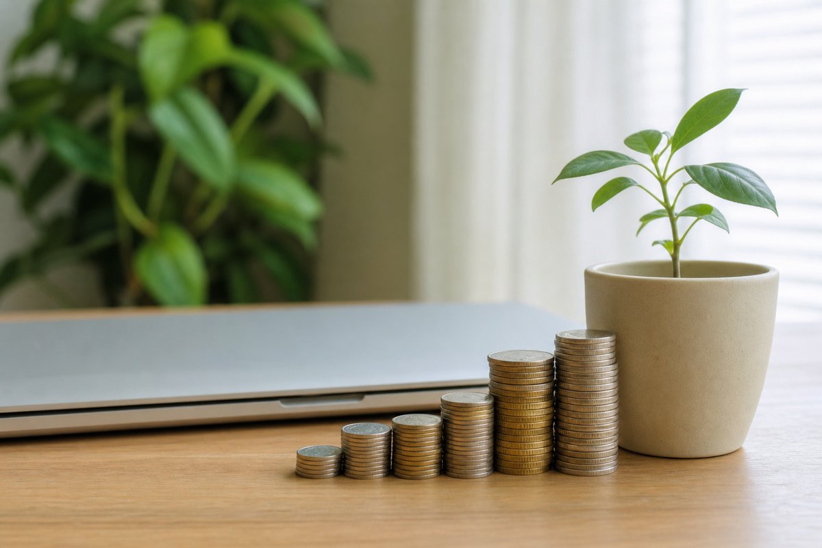 Plant and coins suggesting reusable packaging subscription savings