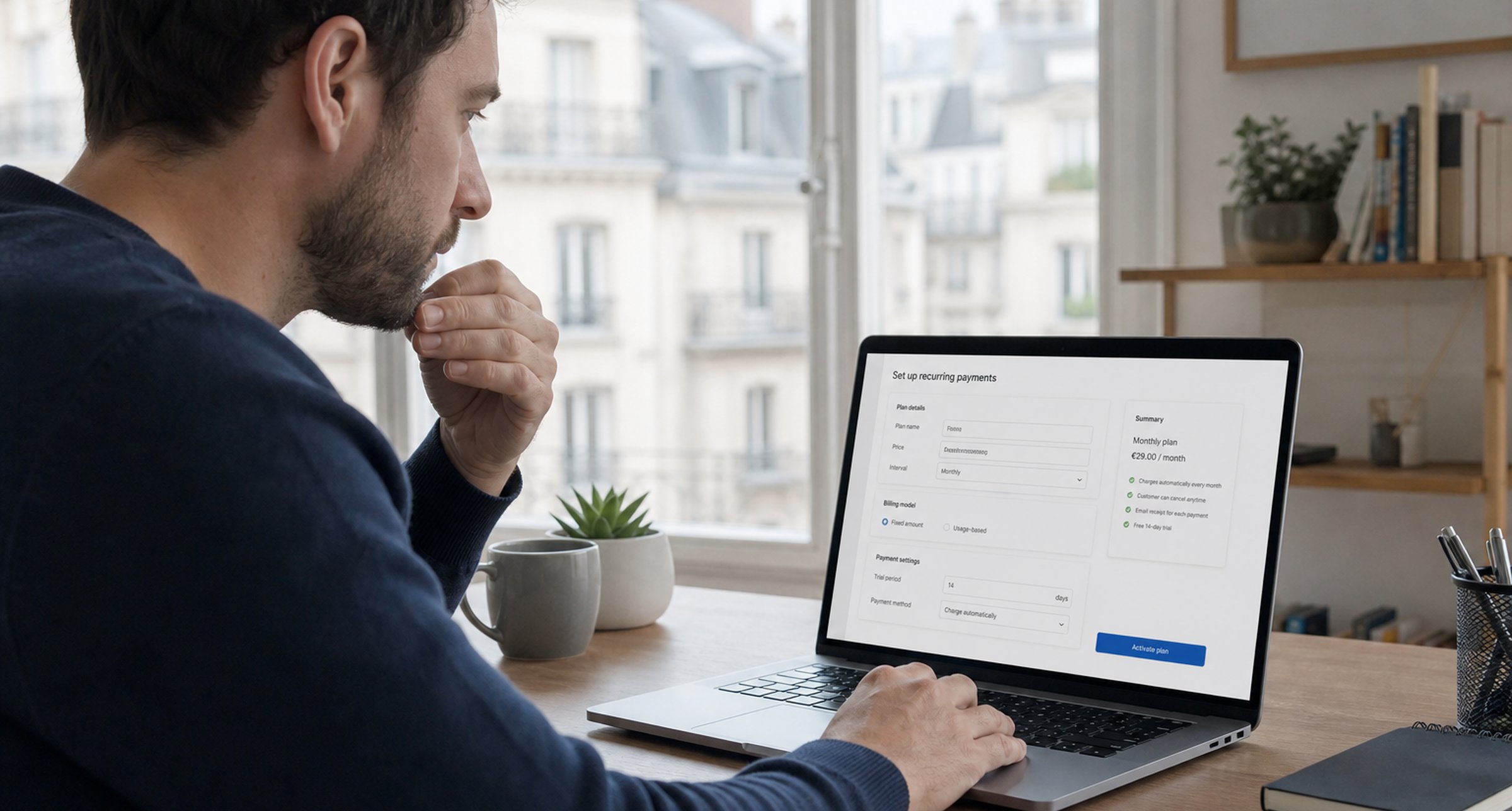 European merchant setting up recurring commerce on a laptop