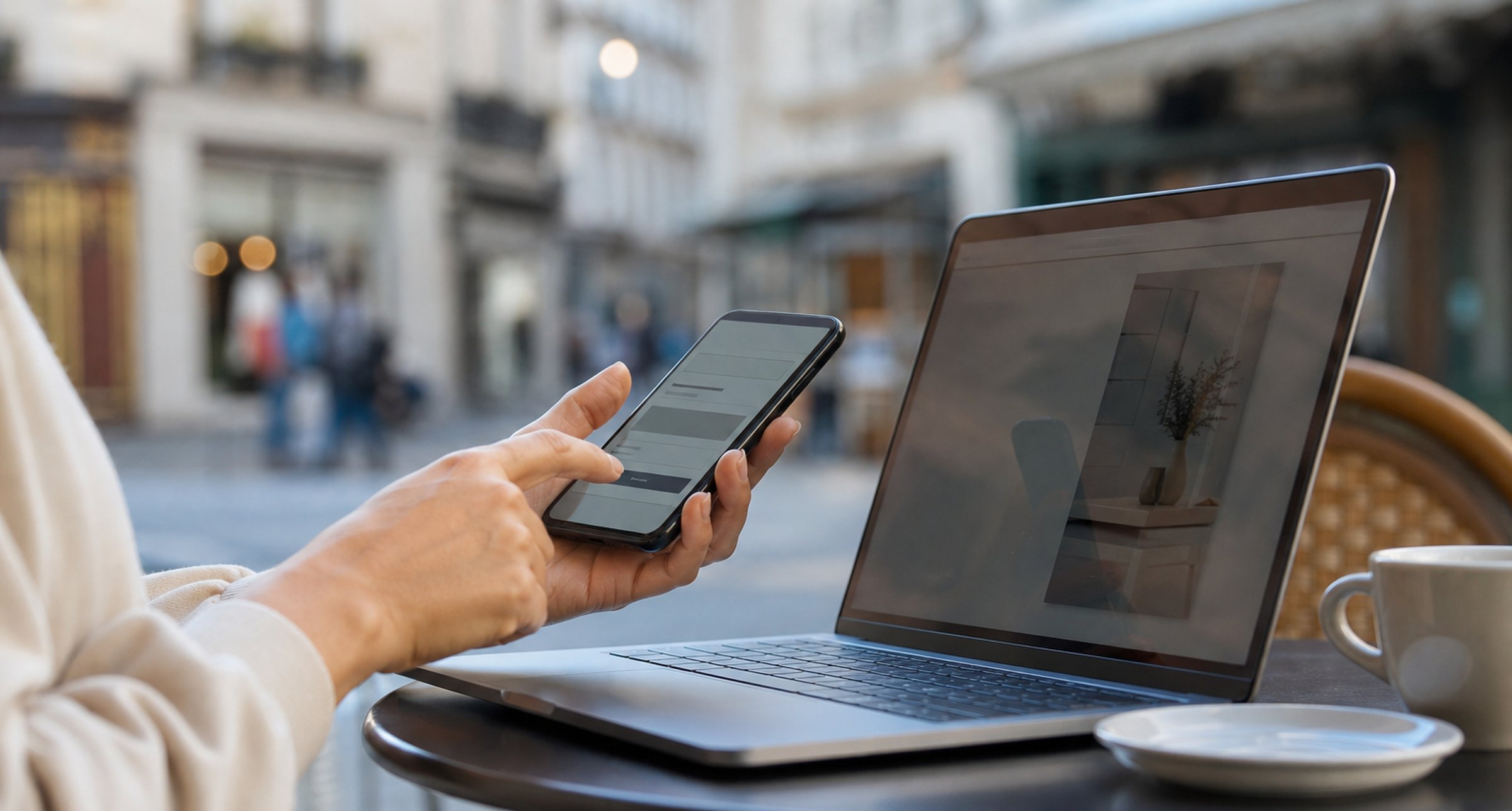 Shopper choosing local payment methods at checkout on phone and laptop