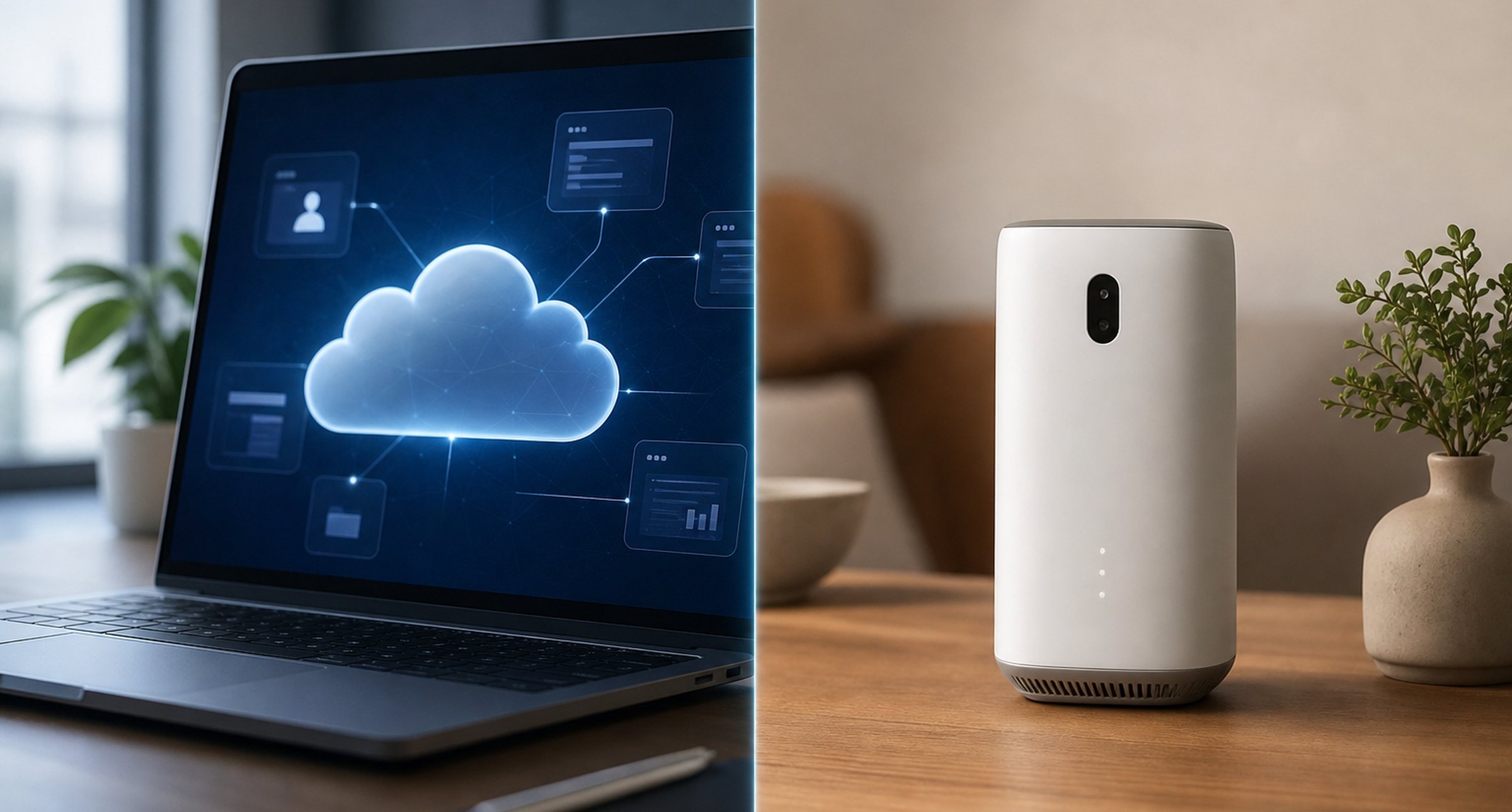 Desk setup contrasting cloud platform and physical product-as-a-service