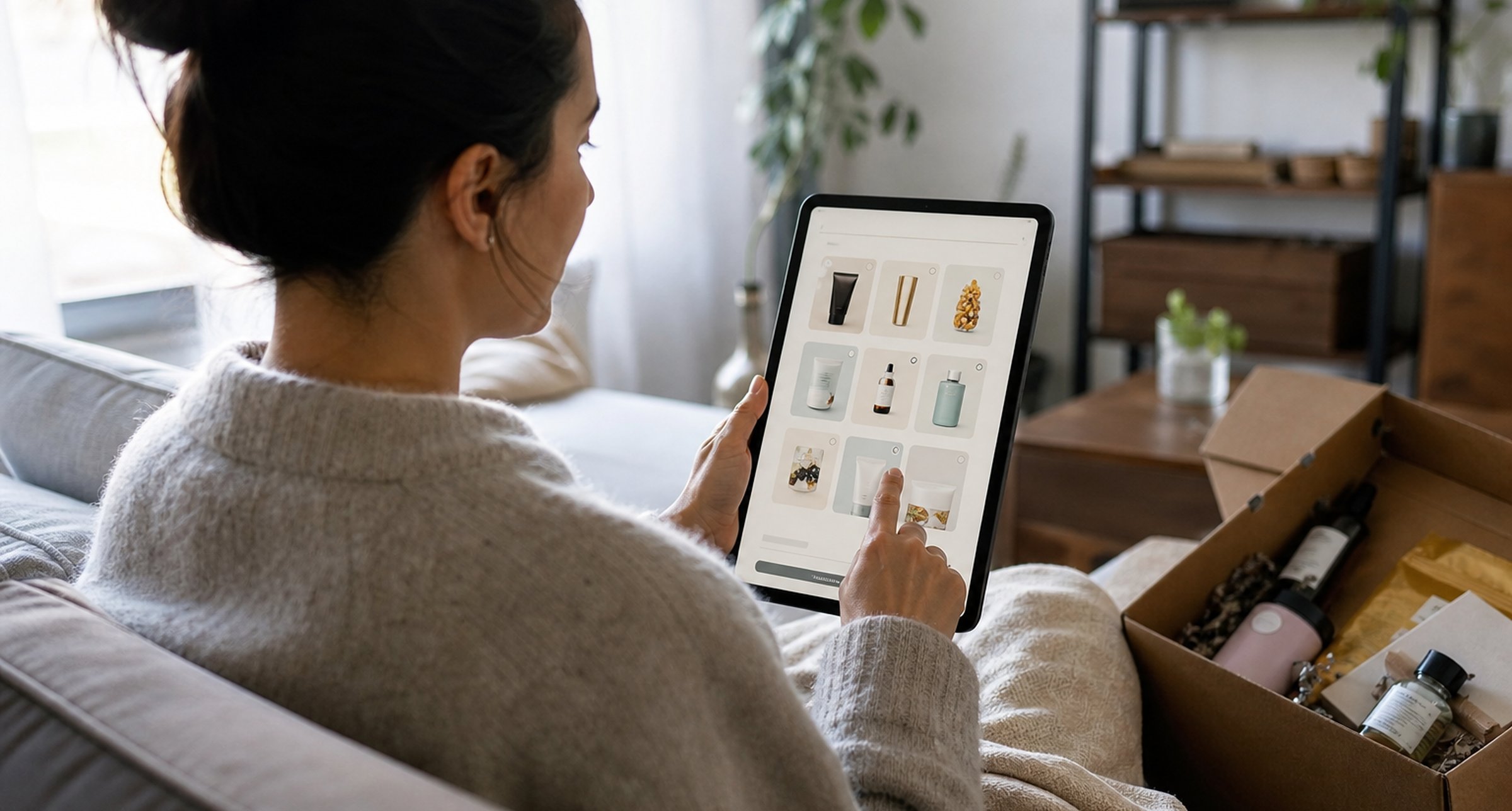 Shopper customizing personalized subscriptions on a tablet at home
