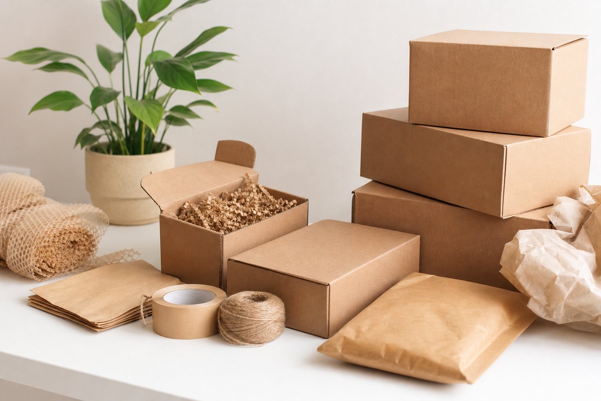 Cardboard and materials suggesting circular packaging