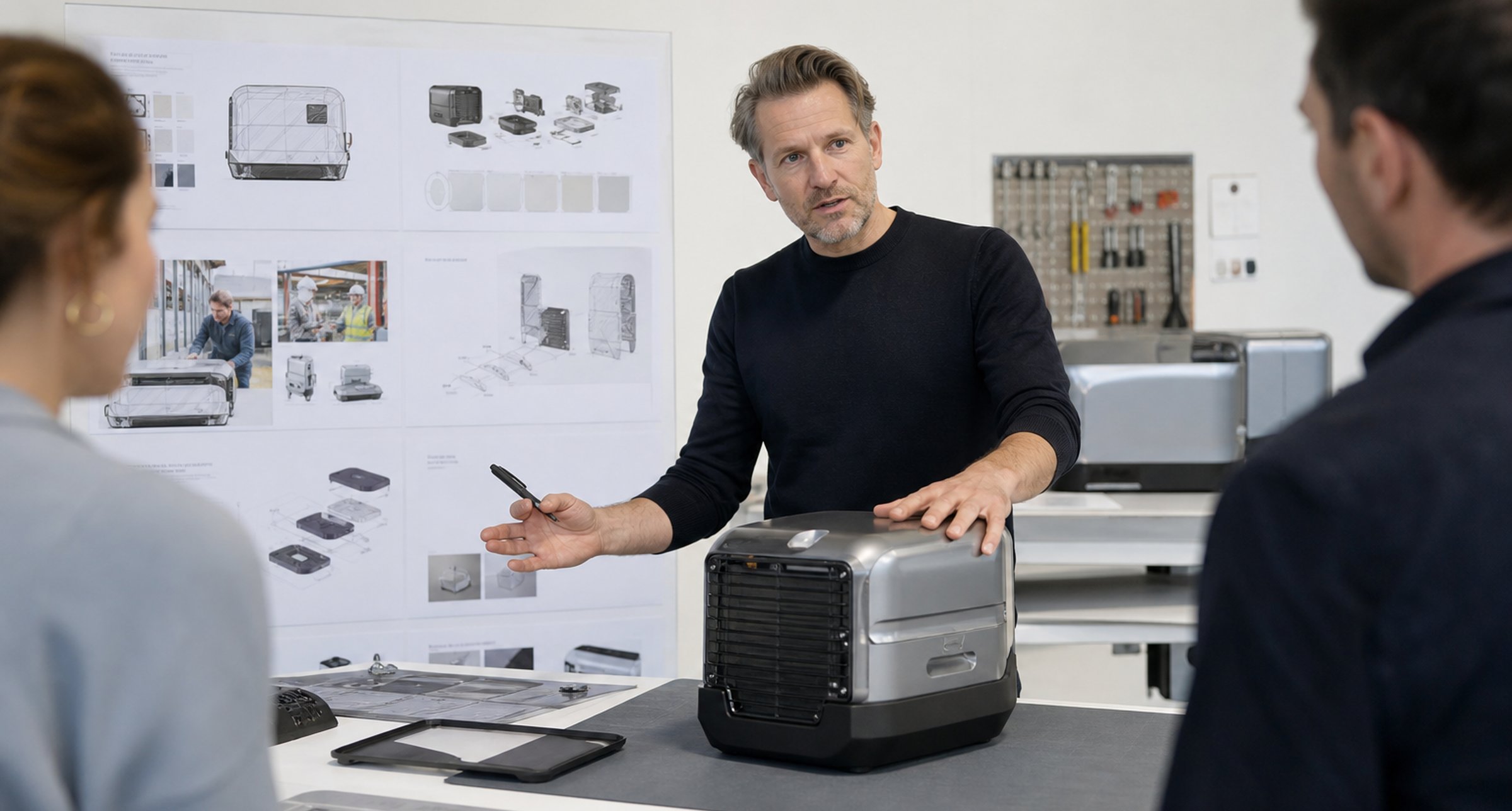 Designer presenting a product-as-a-service offer in a bright studio