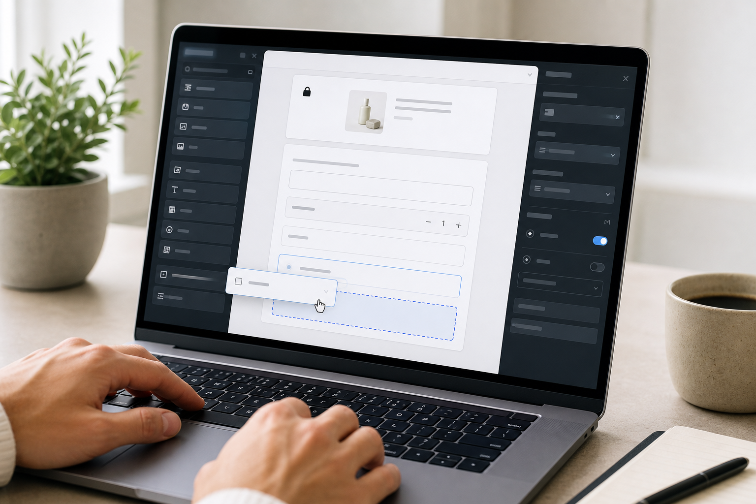 Laptop showing Shopify checkout block editor interface