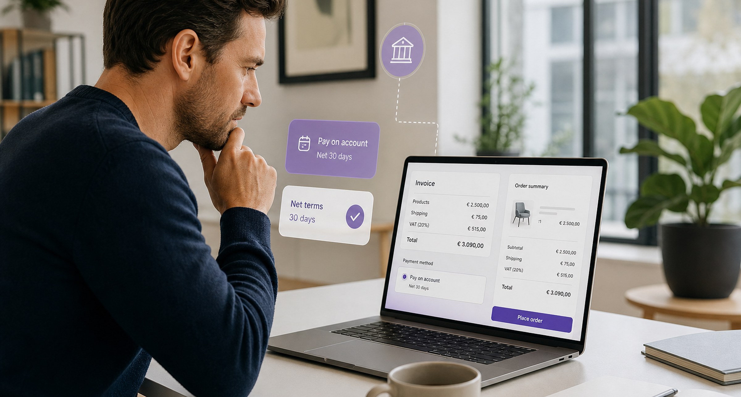 B2B founder reviewing pay on account checkout on a laptop