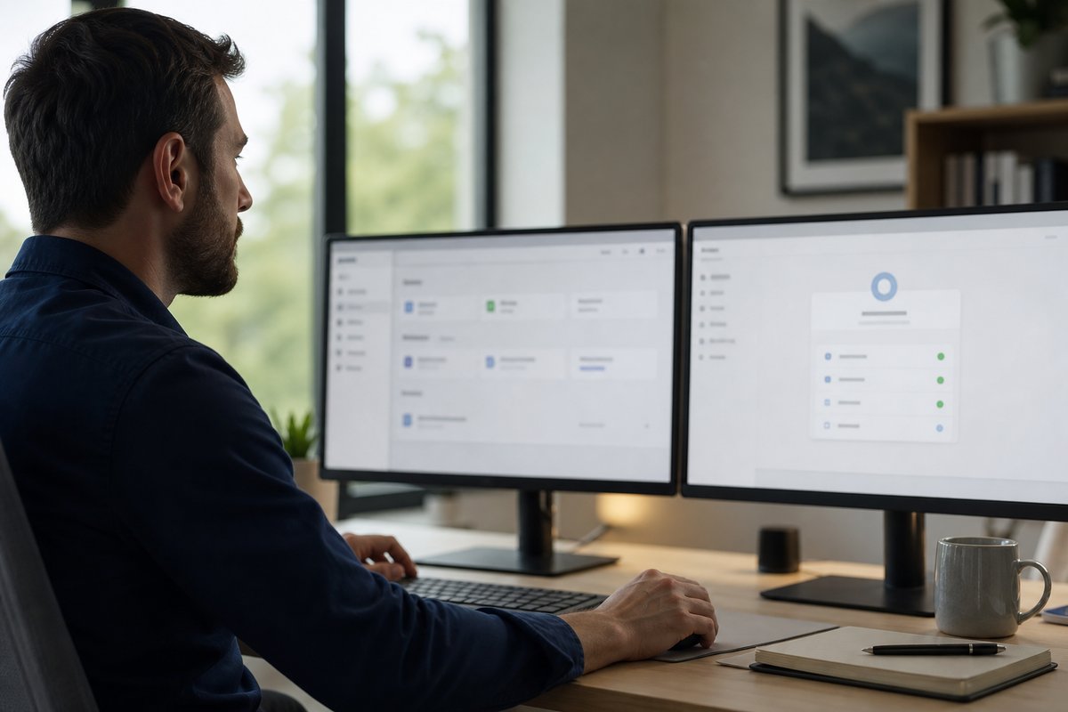 Dual-screen desk suggesting Shopify subscription SSO