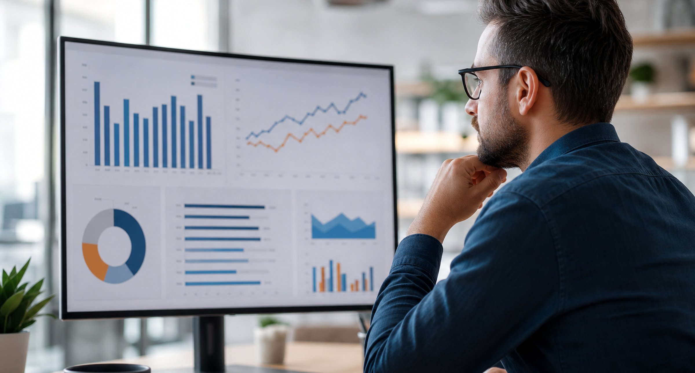 Analyst reviewing a subscription churn metrics dashboard on a monitor