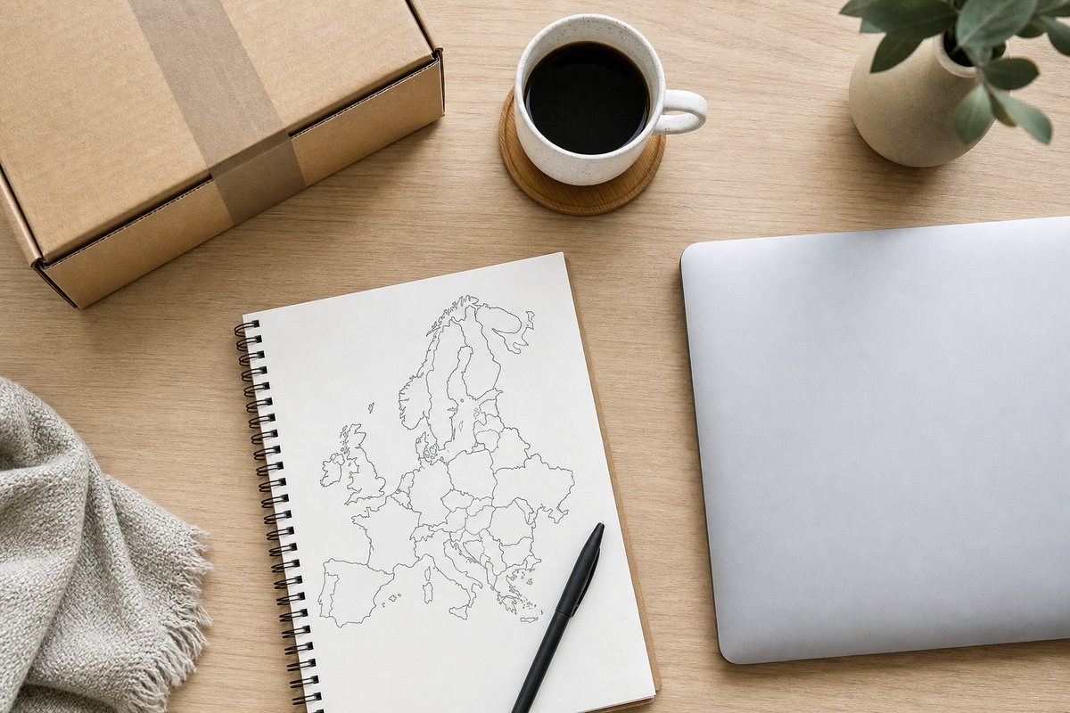 Desk flat-lay suggesting subscription ecommerce across Europe
