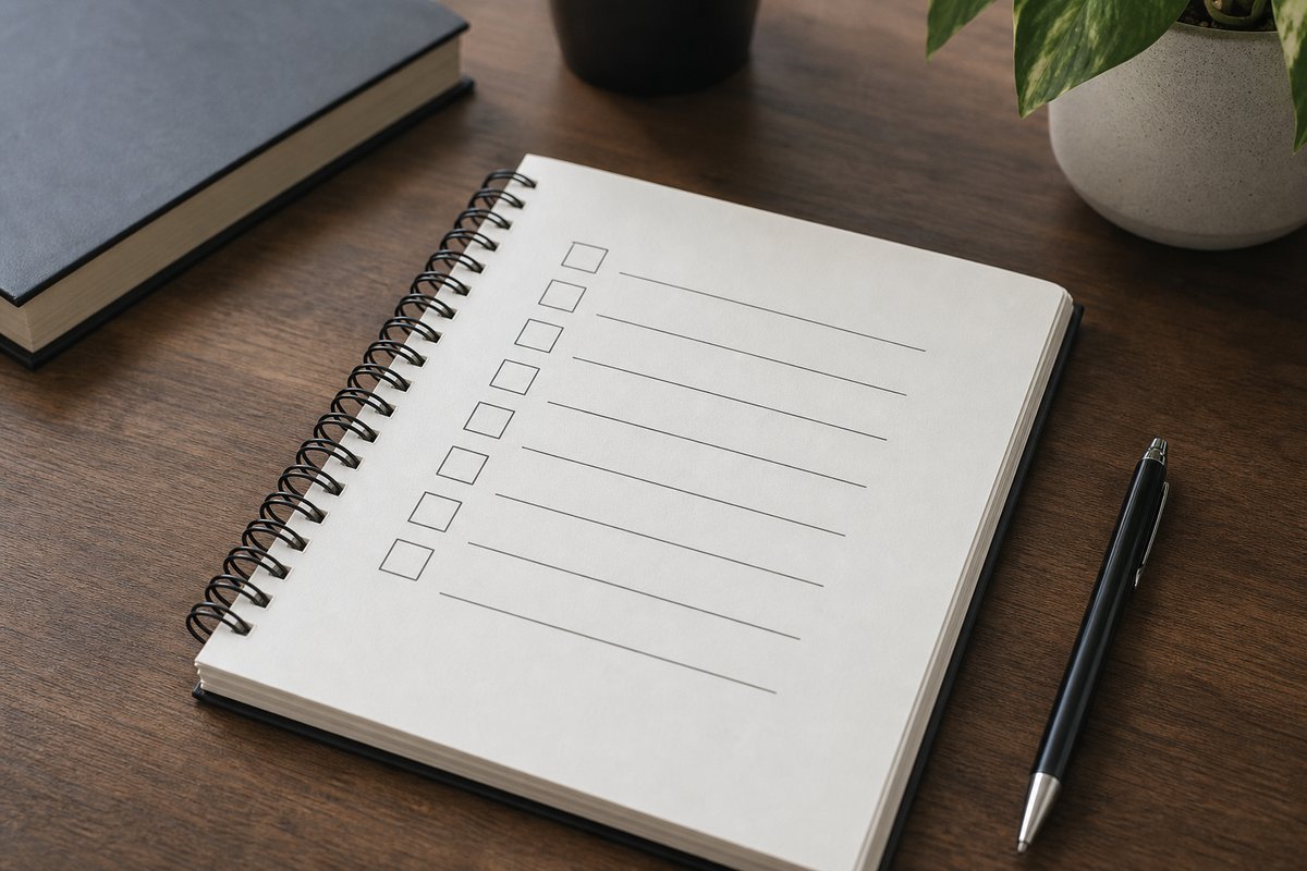 Notebook checklist suggesting subscription metrics and KPIs