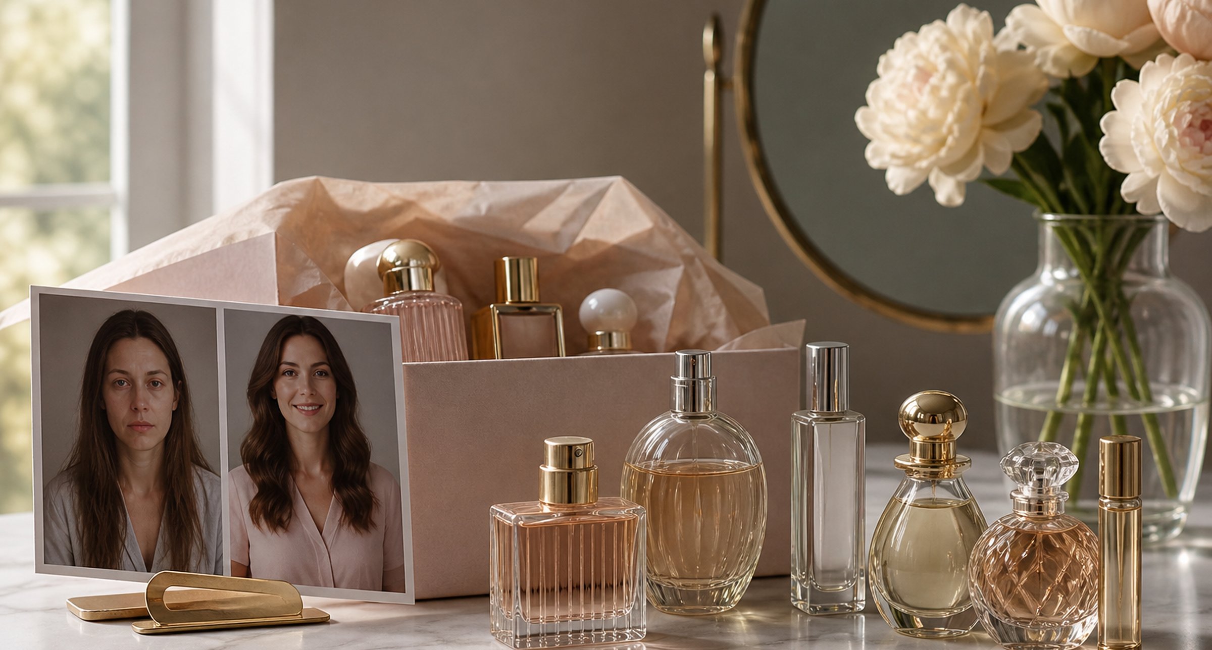 Fragrance bottles suggesting subscription model transformation