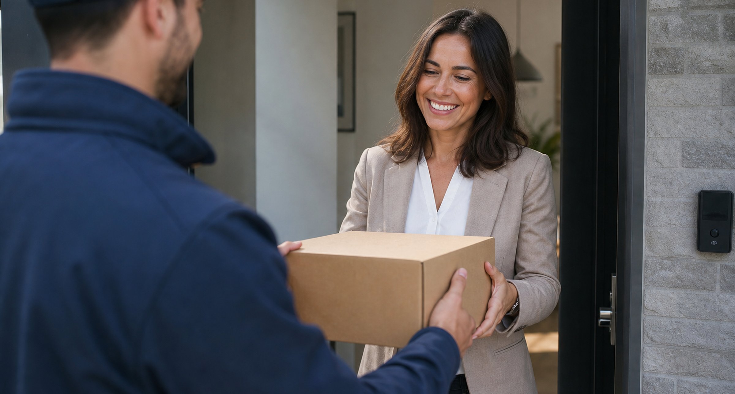 Customer receiving a subscription services delivery at home