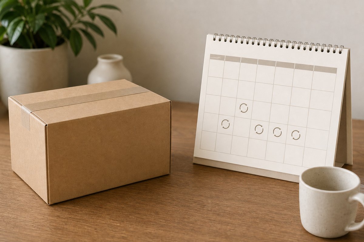 Product and calendar suggesting how to start a subscription business